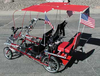 Rumble Seat and sunroof canopies added to Quadribent dual recumbent vehicle.